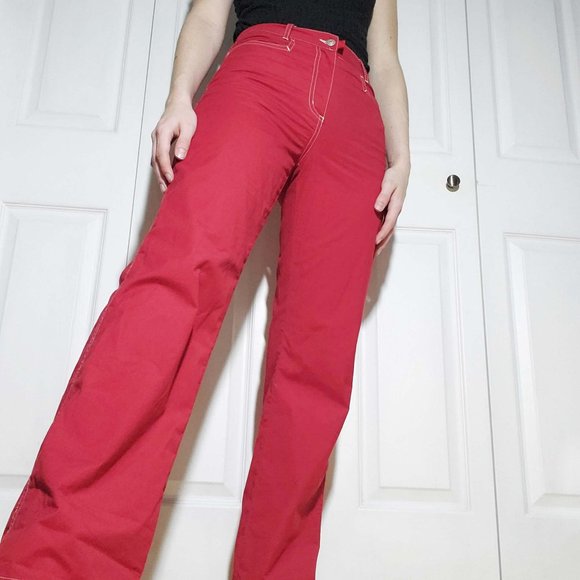Point Zero Pants - Vintage 90's cherry red straight leg super high rise pants white contrast stitch
